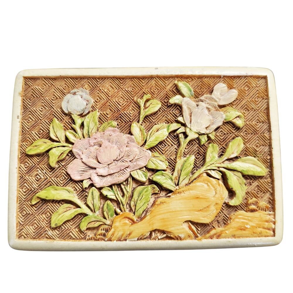 Vintage Ivory Cinnabar Floral Carved Trinket/Jewelry Box & Lid Purple Rose MCM